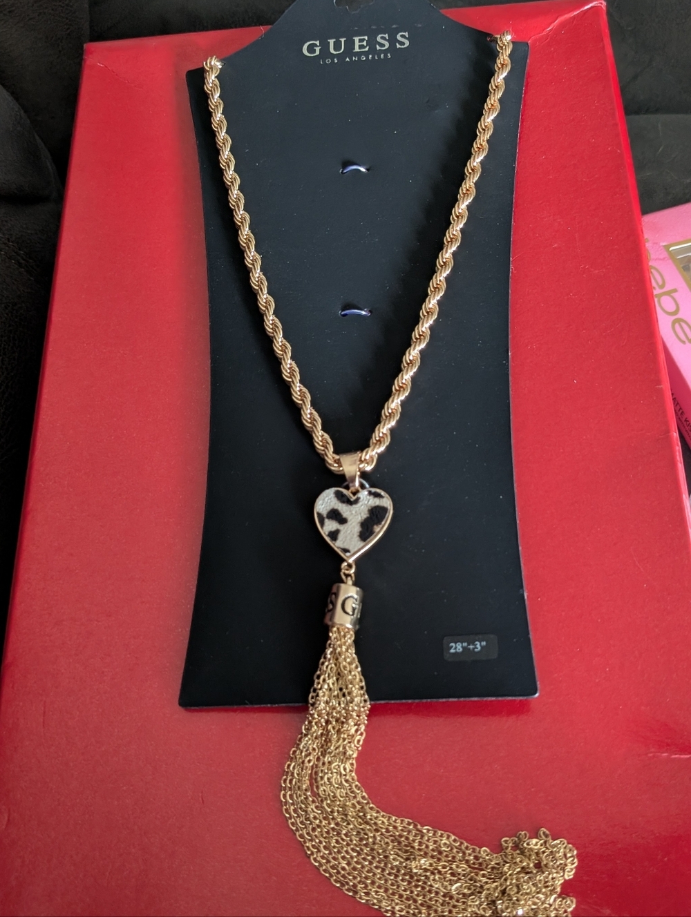 Guess Tassel Heart Pendant Necklace with Leopard Print Accent